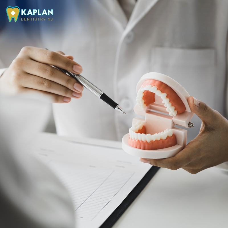 A dentist demonstrates dental anatomy using a model of teeth while holding a pen, with paperwork in the background, showcasing the professional dental services provided at the clinic.